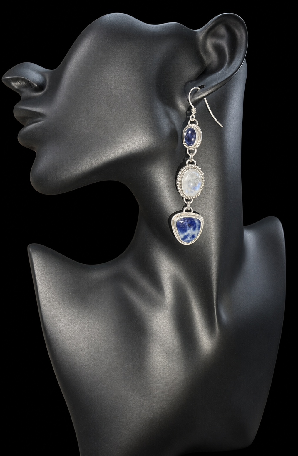 Iolite, moonstone and sapphire sterling silver earrings