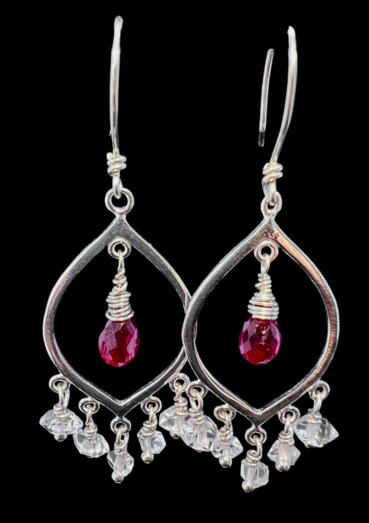 Red Sapphire and Herkimer Diamond Chandelier Earrings