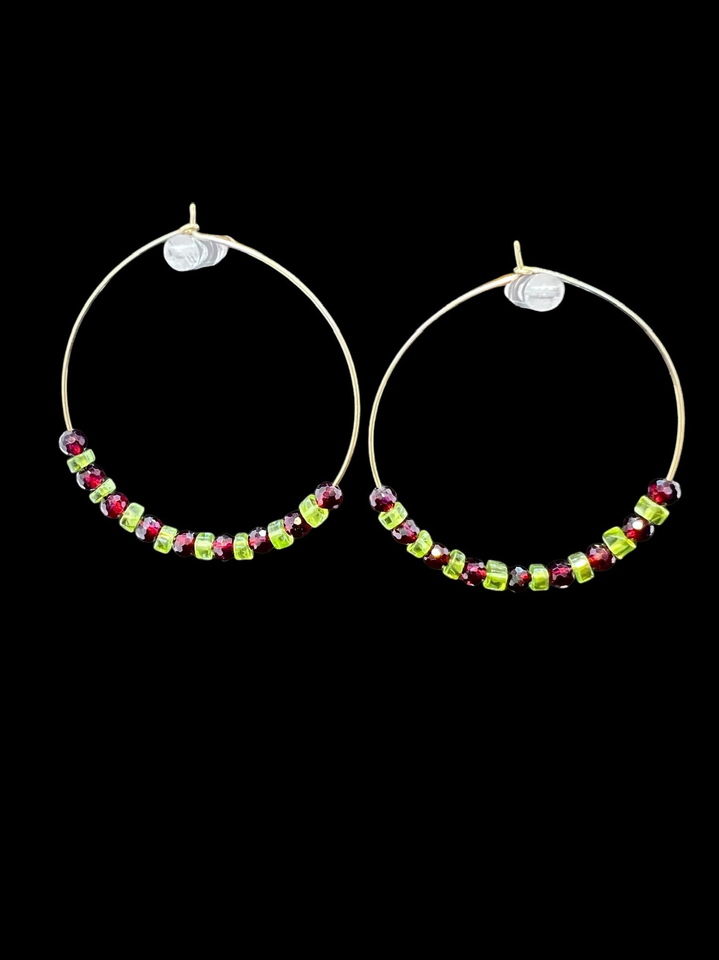 Peridot and Garnet Gold Hoops
