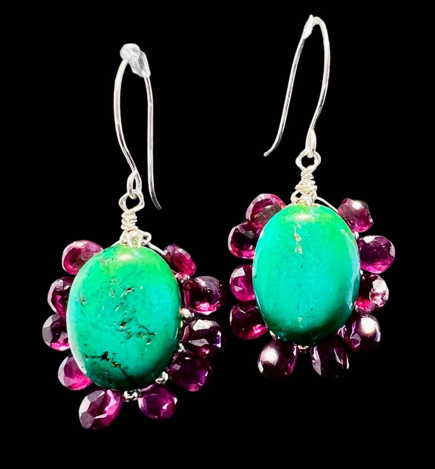 Artisan Flower Earrings with Himalayan Turquoise and Garnet Briolettes