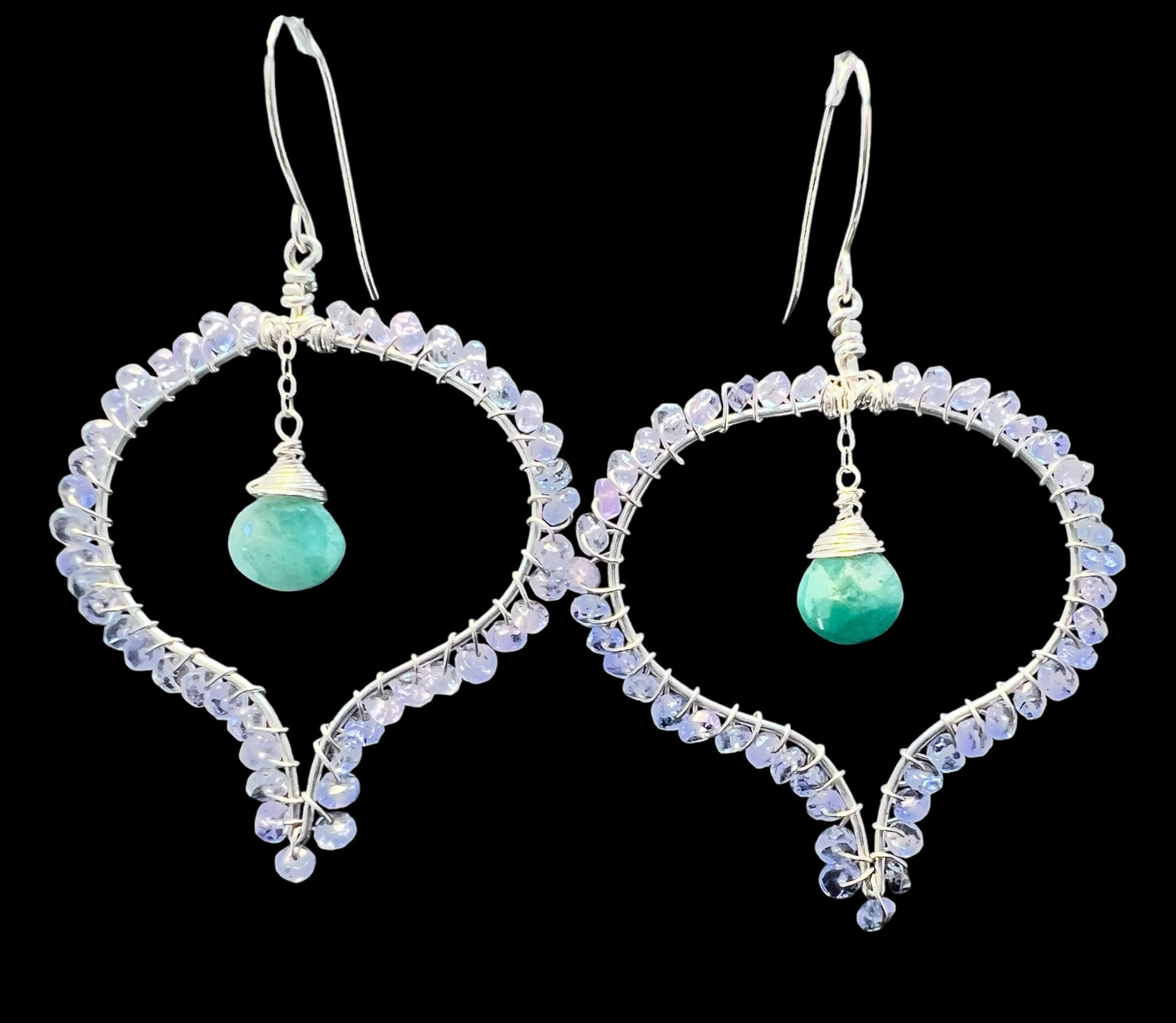 Tanzanite and Emerald wrapped Sterling Silver Earrings