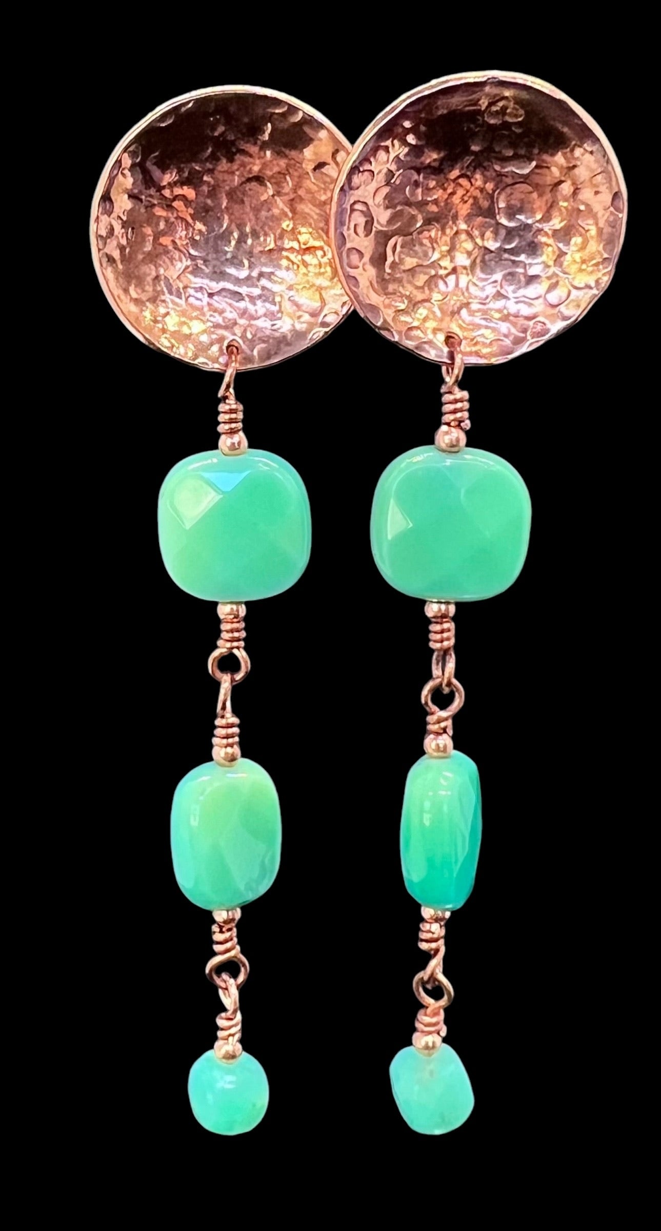 Hammered Copper and Chrysoprase Earrings