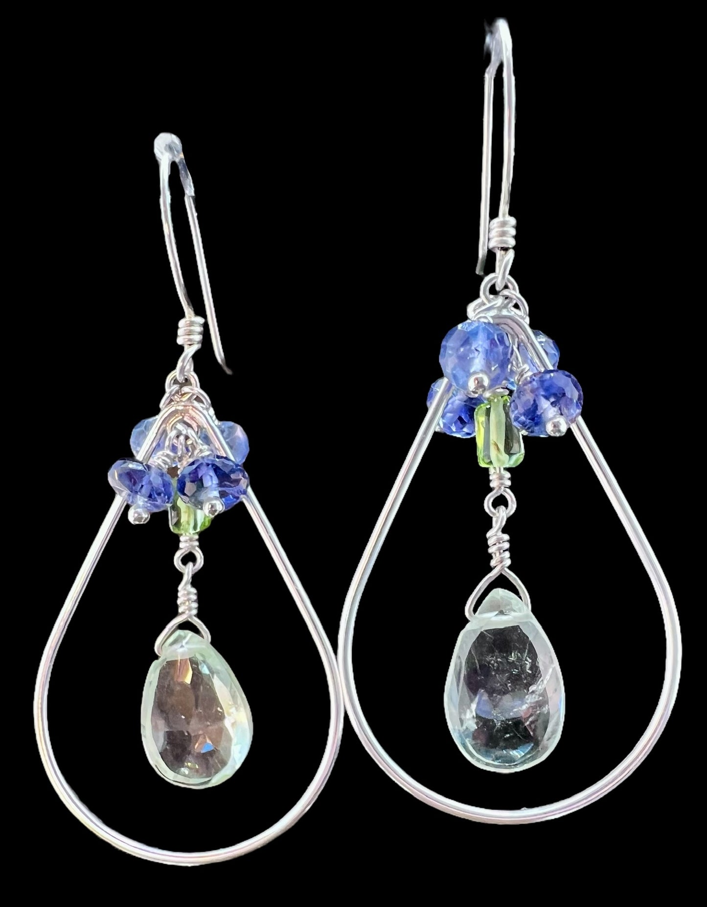 Large Sterling Silver Hoops with Green Amethyst, Iolite and Peridot