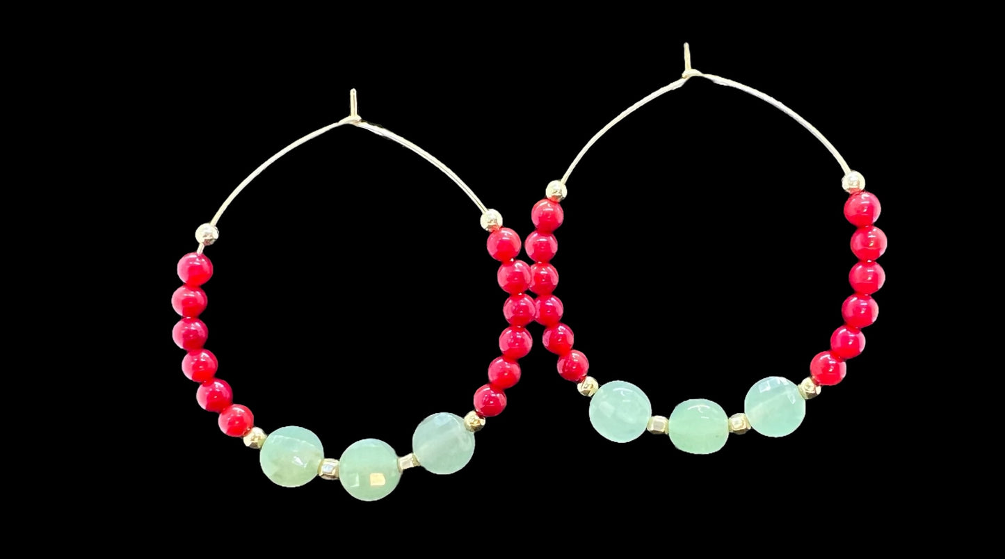 Aventurine and Coral Gold Hoops