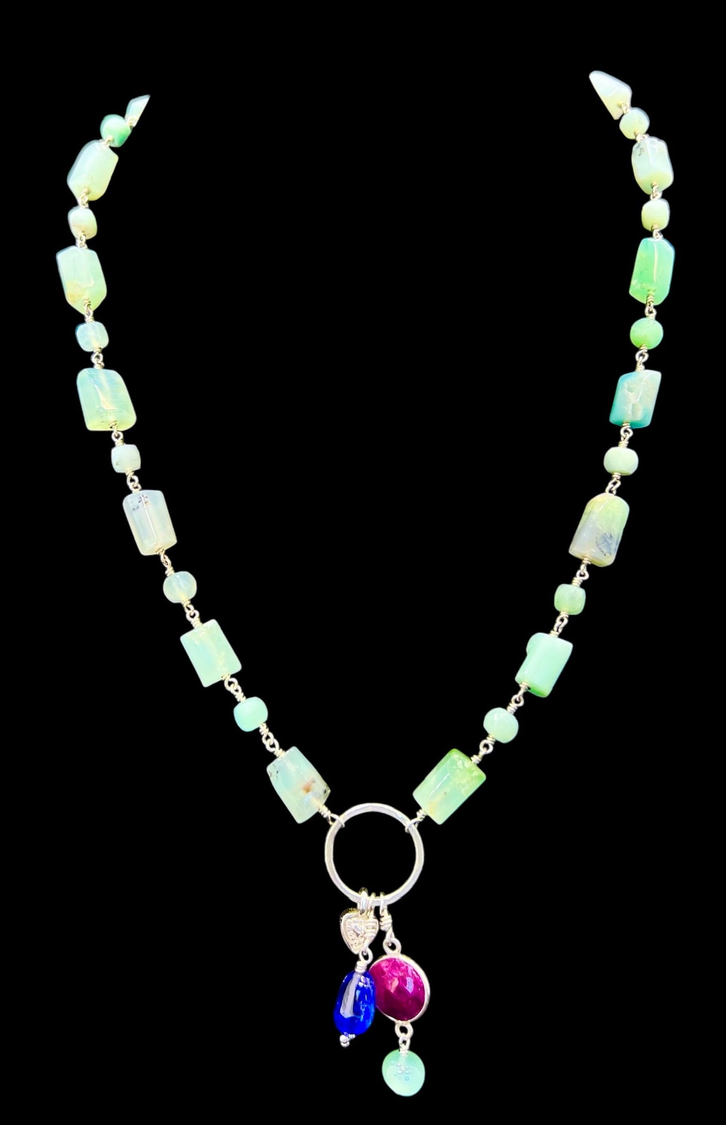 Chrysoprase Necklace with Tanzanite and Ruby Drops