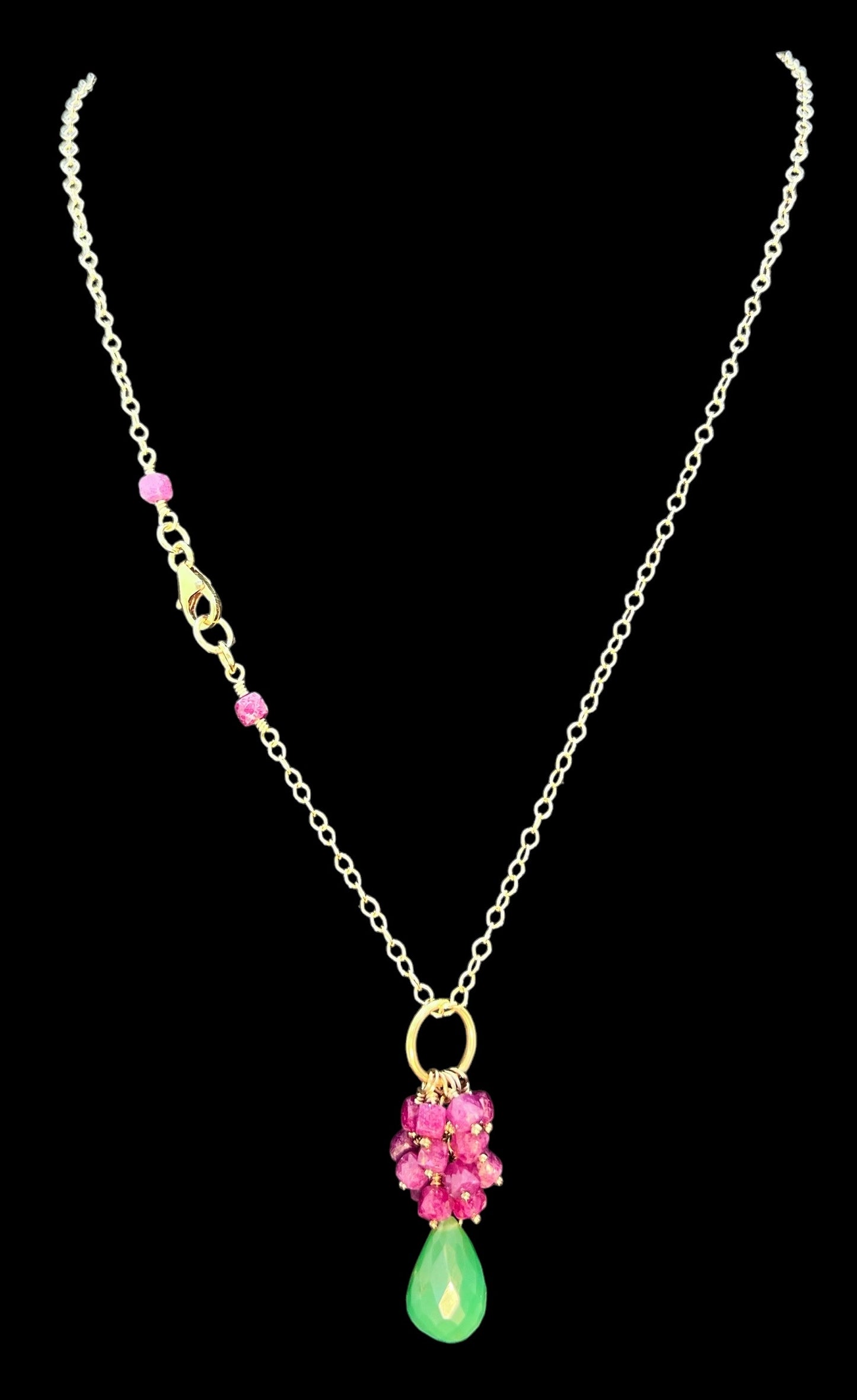 Chrysoprase Pendant with Ruby Accents on 14K Gold fill Necklace