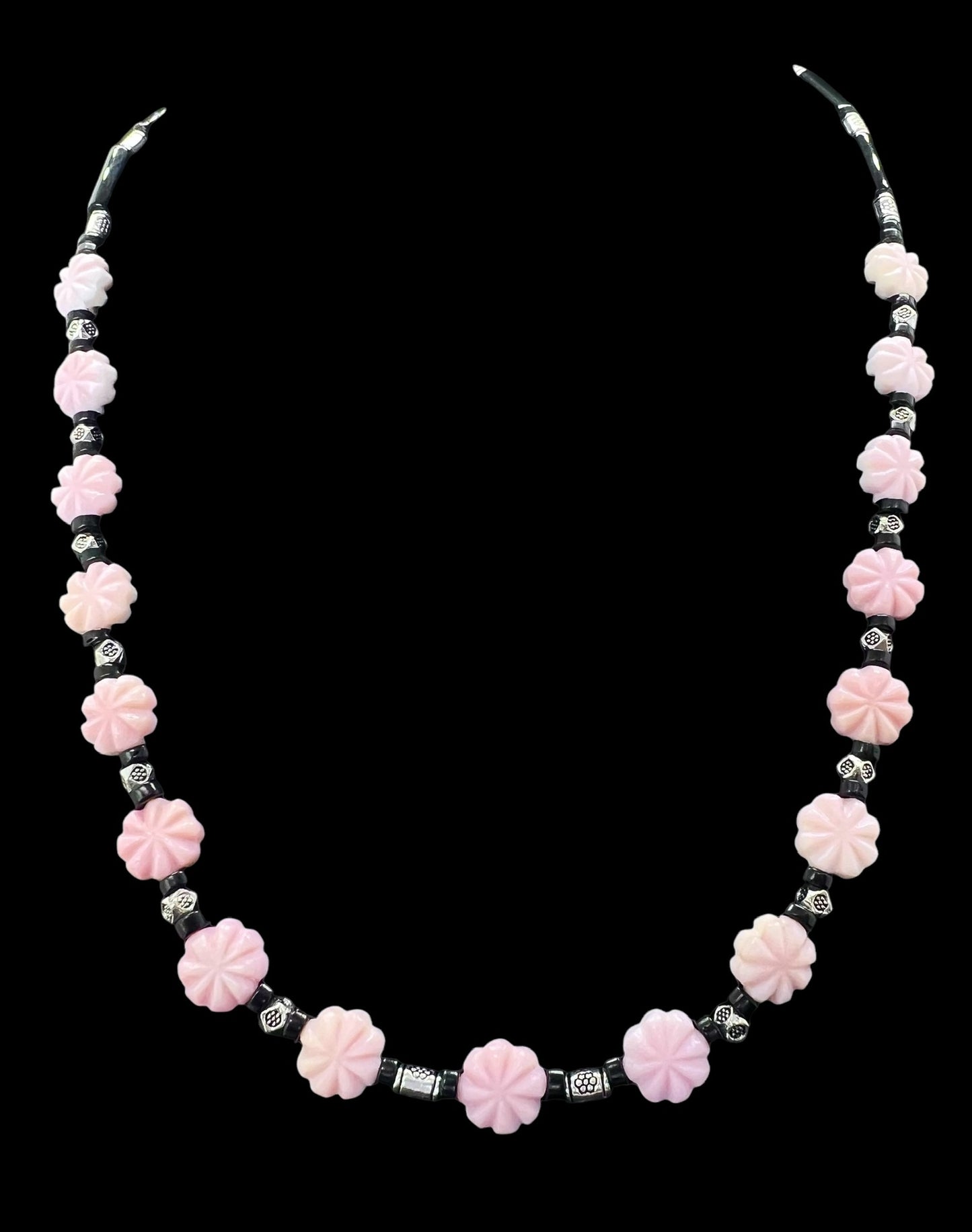 Blush Conch Shell Flower Necklace with Onyx and Sterling Silver