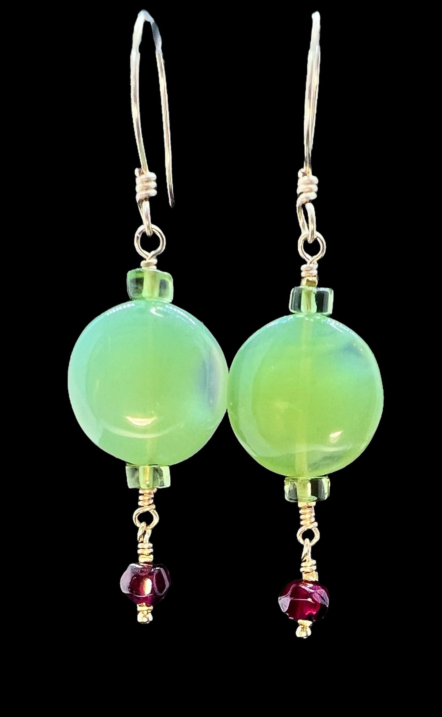 Chalcedony Drop Earrings with Garnet and Peridot