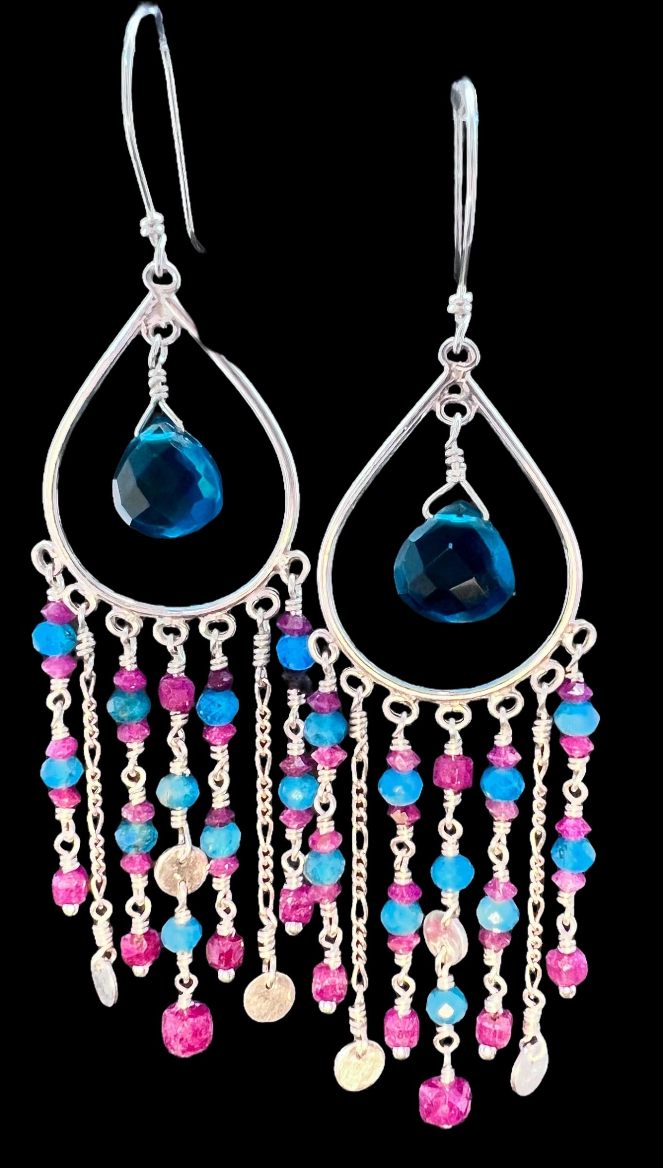 Deep Blue Apatite, Ruby and Sterling Silver Chandeliers