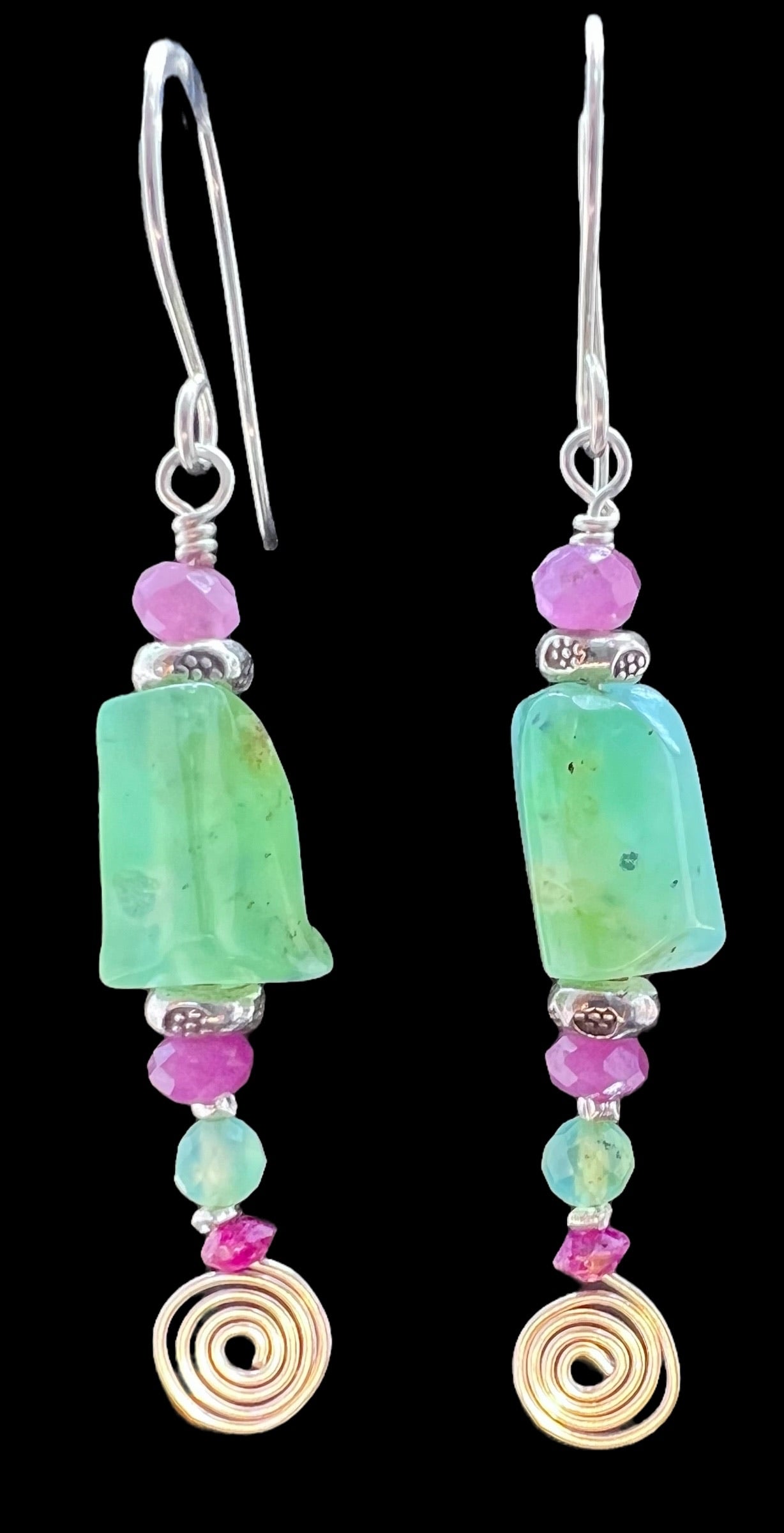 Chrysoprase and Ruby Spiral Earrings