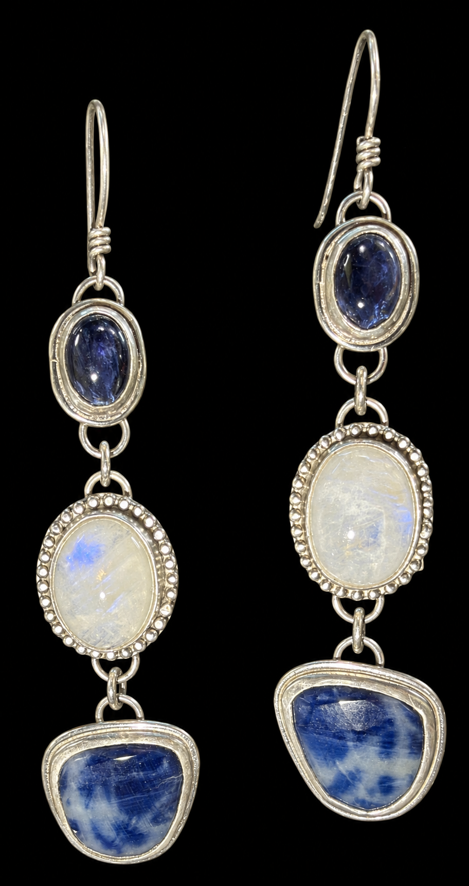 Iolite, moonstone and sapphire sterling silver earrings