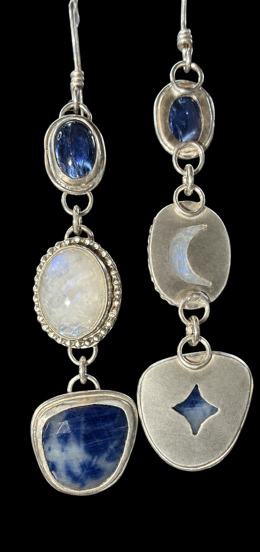 Iolite, moonstone and sapphire sterling silver earrings