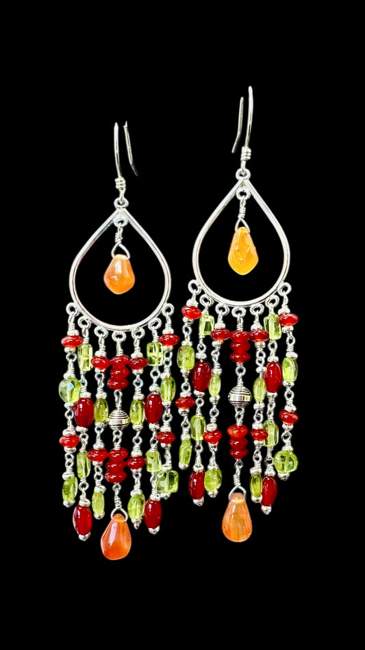 Carnelian and Peridot Sterling Silver Chandelier Earrings