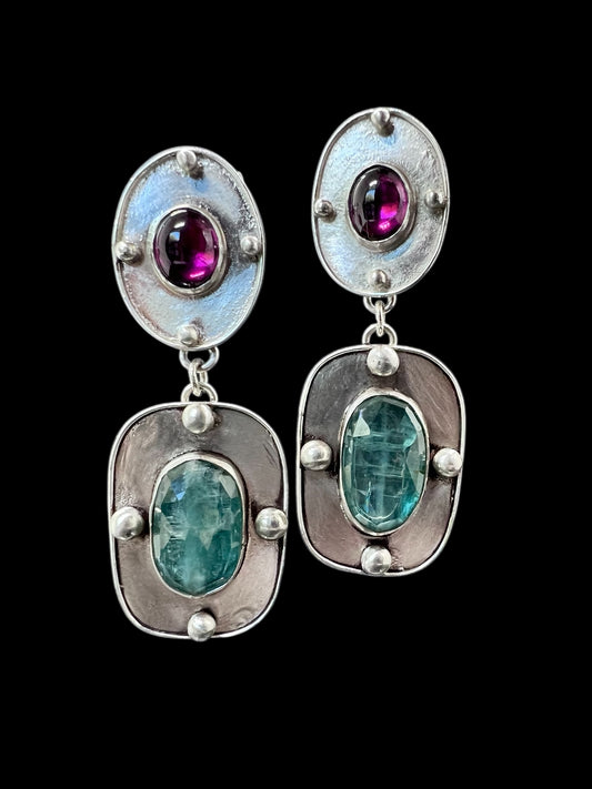 Rhodolite and Teal Kyanite Drop Earring